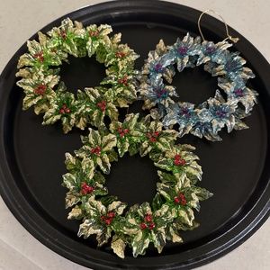 Christmas Ornaments Holiday Wreath Set of 3 Wreathes  Green & Blue Gold Glitter
